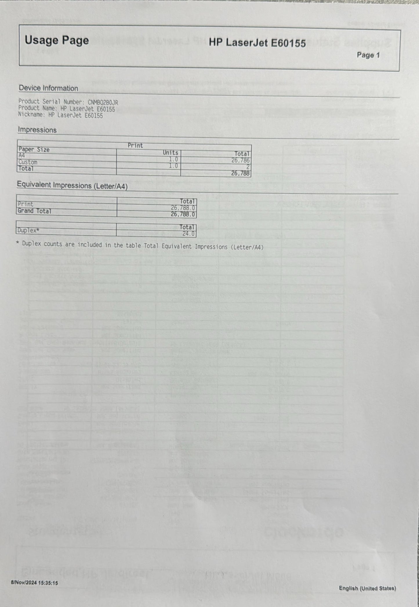 HP Laser printer LJ Managed E60155 used